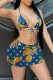 Blue Yellow Fashion Sexy Print Backless Strap Design Swimwears