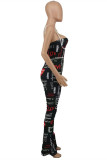 Black Fashion Sexy Print Backless Spaghetti Strap Regular Jumpsuits