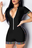 Green Casual Solid Patchwork Zipper Collar Skinny Rompers