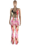 Purple Fashion Sexy Print Hollowed Out Backless Halter Regular Jumpsuits