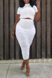 White Sexy Casual Solid Fold Turtleneck Short Sleeve Two Pieces
