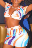 Colour Sexy Print Patchwork V Neck Short Sleeve Two Pieces