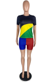 Red Casual Color Block Patchwork O Neck Short Sleeve Two Pieces