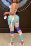 Yellow Sexy Print Strapless Skinny Jumpsuits