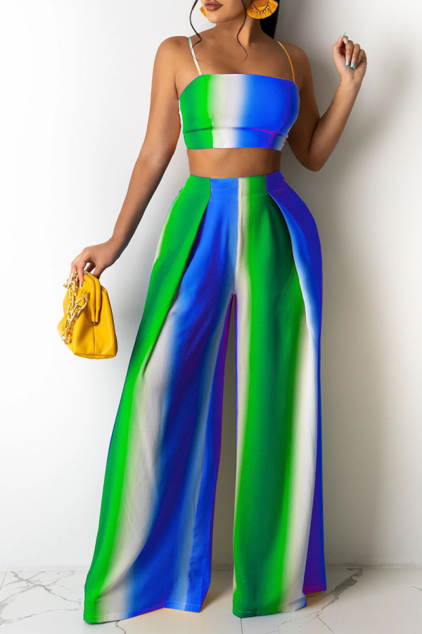 Blue Sexy Striped Patchwork Spaghetti Strap Sleeveless Two Pieces