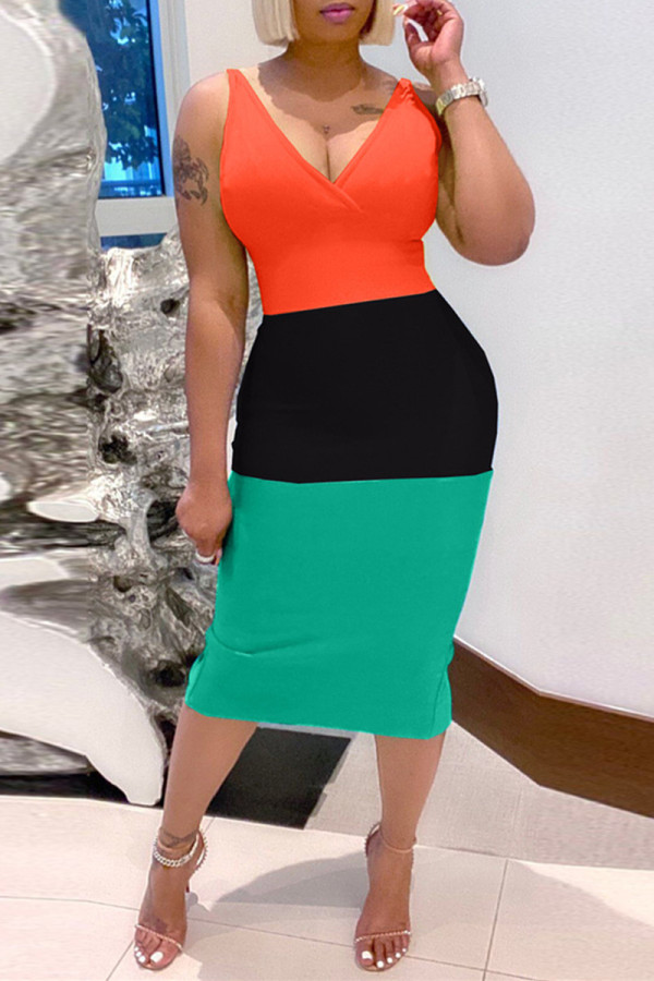Red Fashion Sexy Patchwork Basic V Neck Vest Dress
