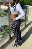 Black Fashion Casual Print Basic Regular Mid Waist Trousers