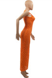 Orange Fashion Sexy Solid Hollowed Out See-through O Neck Vest Dress