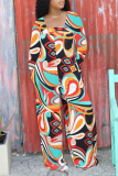Rose Red Sexy Print Split Joint Square Collar Straight Jumpsuits