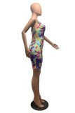 Red Fashion Sexy Print Tie Dye Ripped U Neck Regular Romper