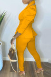 Yellow Fashion Casual Solid Split Joint V Neck Long Sleeve Two Pieces