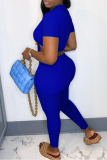 Blue Sexy Solid Patchwork V Neck Short Sleeve Two Pieces
