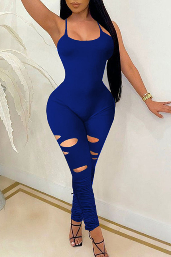Royal Blue Sexy Solid Ripped Split Joint Spaghetti Strap Skinny Jumpsuits