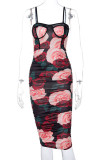 Red Green Elegant Print Make Old Fold Square Collar Pencil Skirt Dresses
