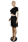 Red Fashion Casual Solid Tassel O Neck Short Sleeve Two Pieces
