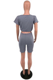 Dark Gray Fashion Casual Solid Basic O Neck Short Sleeve Two Pieces