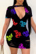 Black Sexy Print Hollowed Out Patchwork Asymmetrical Collar Pencil Skirt Dresses