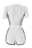 White Sportswear Striped Patchwork V Neck Short Sleeve Two Pieces