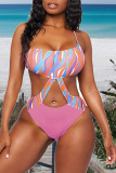 Blue Sexy Print Hollowed Out Draw String Swimwears
