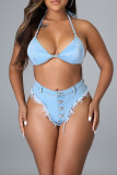 Light Blue Fashion Sexy Solid Backless Strap Design Halter Sleeveless Two Pieces Swimwears