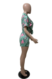 Red Casual Print Patchwork Turndown Collar Short Sleeve Two Pieces