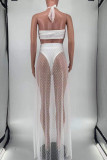 White Sexy Print Polka Dot Bandage Hollowed Out Patchwork Swimwears