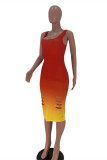 Red Fashion Sexy Gradual Change Print Ripped Square Collar Vest Dress