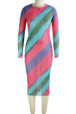 Rose Red Sexy Gradual Change Striped Print Patchwork O Neck Pencil Skirt Dresses