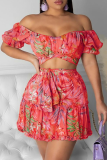Pink Sexy Print Patchwork Off the Shoulder Short Sleeve Two Pieces