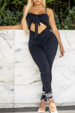 Camel Fashion Sexy Solid Hollowed Out Backless Fold Spaghetti Strap Skinny Jumpsuits
