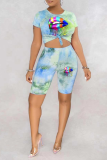 Pink Casual Patchwork Tie-dye O Neck Short Sleeve Two Pieces