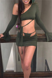 Green Fashion Sexy Solid Bandage Hollowed Out Oblique Collar Long Sleeve Two Pieces