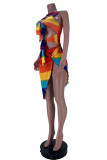 Rainbow Color Fashion Sexy Print Hollowed Out O Neck Sleeveless Two Pieces