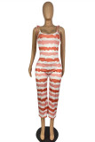 Orange Fashion Casual Striped Print Strap Design O Neck Regular Jumpsuits