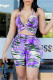 Blue Fashion Sexy Print Backless V Neck Sleeveless Two Pieces
