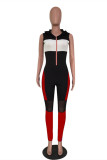 Black Red Casual Sportswear Patchwork Hooded Collar Sleeveless Skinny Jumpsuits