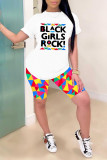 White Fashion Casual Letter Print Basic O Neck Short Sleeve Two Pieces