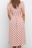 Pink Fashion Elegant Dot Frenulum Buckle V Neck A Line Dresses