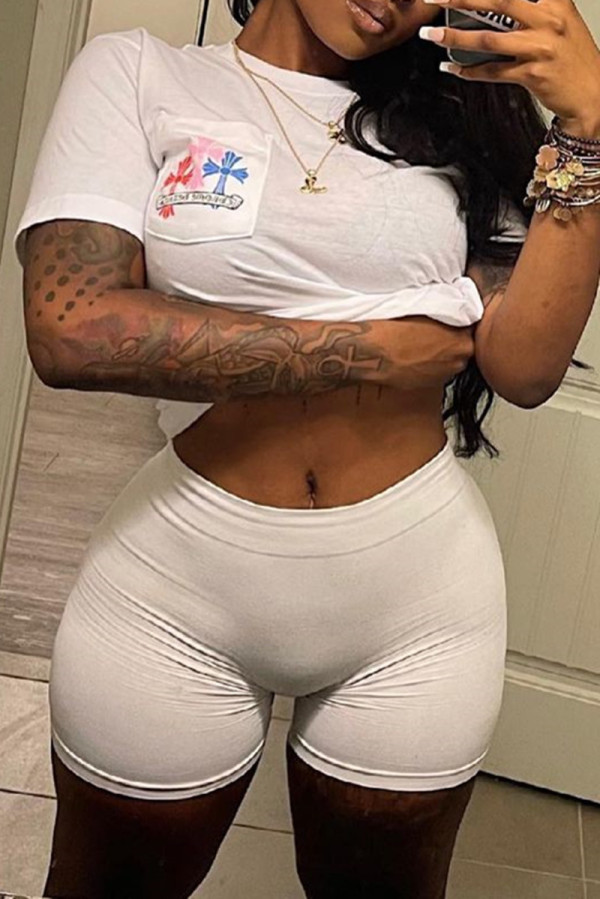 White Fashion Casual Print Basic O Neck Short Sleeve Two Pieces