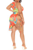 Multicolor Fashion Sexy Print Hollowed Out Frenulum O Neck Irregular Dress