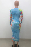 Multicolor Fashion Casual Print Basic O Neck Long Sleeve Dresses