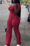 Rose Red Fashion Casual Solid Basic V Neck Plus Size Jumpsuits