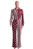 Burgundy Fashion Casual Print Patchwork Turndown Collar Regular Jumpsuits