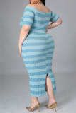 Light Blue Fashion Casual Striped Print Backless Off the Shoulder Short Sleeve Dress Plus Size Dresses