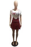 Black White Casual Plaid Split Joint O Neck Short Sleeve Two Pieces