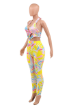 Yellow Sexy Print Patchwork Halter Skinny Jumpsuits