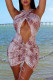 Red Sexy Print Bandage Hollowed Out Patchwork Draw String Fold Halter Pencil Skirt Dresses