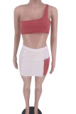 Red Bean Paste Casual Solid Split Joint Oblique Collar Sleeveless Two Pieces