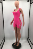 Blue Fashion Sexy Solid Backless Strap Design Square Collar Skinny Romper