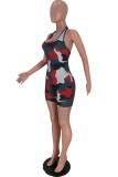 Light Blue Sexy Casual Camouflage Print Backless Halter Skinny Romper